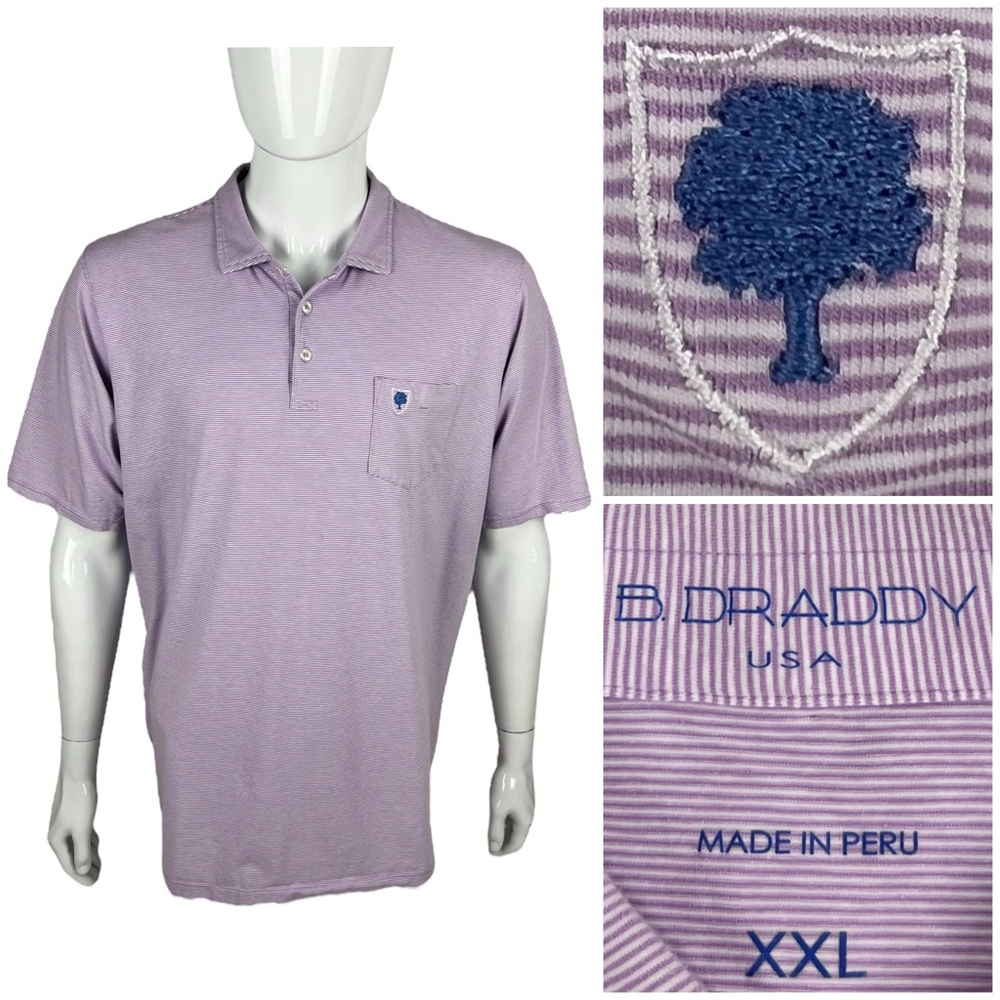 B Draddy Mens 2XL Polo White Purple Striped Embroidered Golf Club Logo EUC